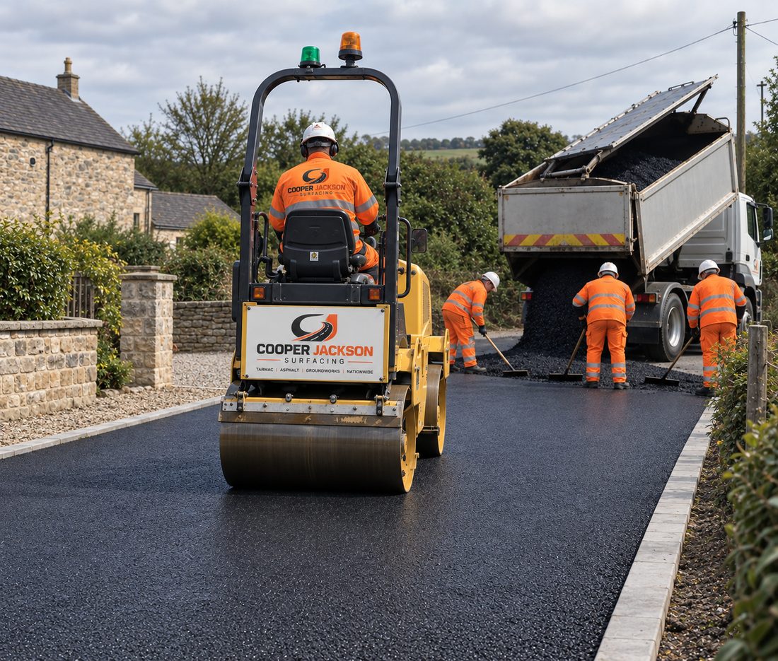 Cooper Jackson Surfacing roller compacting a newly laid tarmac access road in Bolton, with the crew raking material behind a tipper
