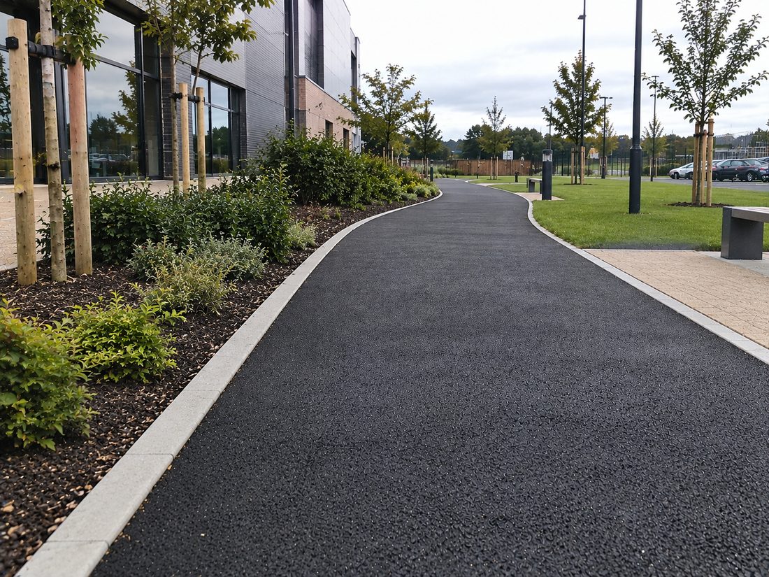 New asphalt pedestrian walkway with concrete edging running through landscaped grounds on a campus in Oxford